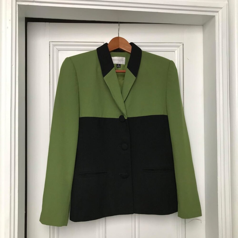 Preston & York Blazer Women’s Size 6 Green & Black Solid Open Front Sleeves